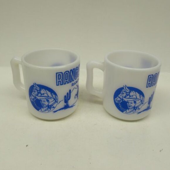 2 - Hazel Atlas White with Blue  Design RANGER JOE RANCH 2 7/8 Inch Childs Mugs - Picture 3 of 4